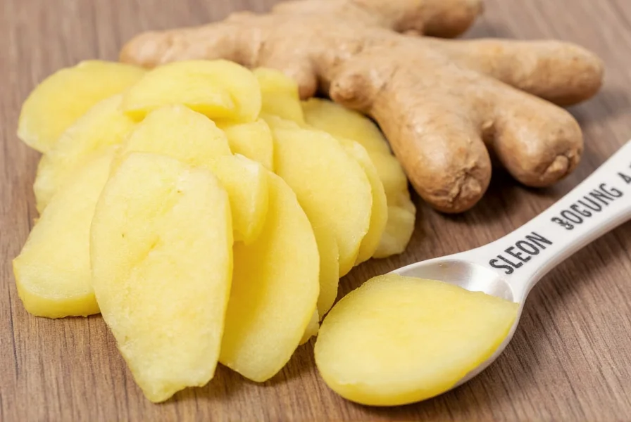 Fresh ginger root sliced with measuring spoon showing proper dosage for constipation relief