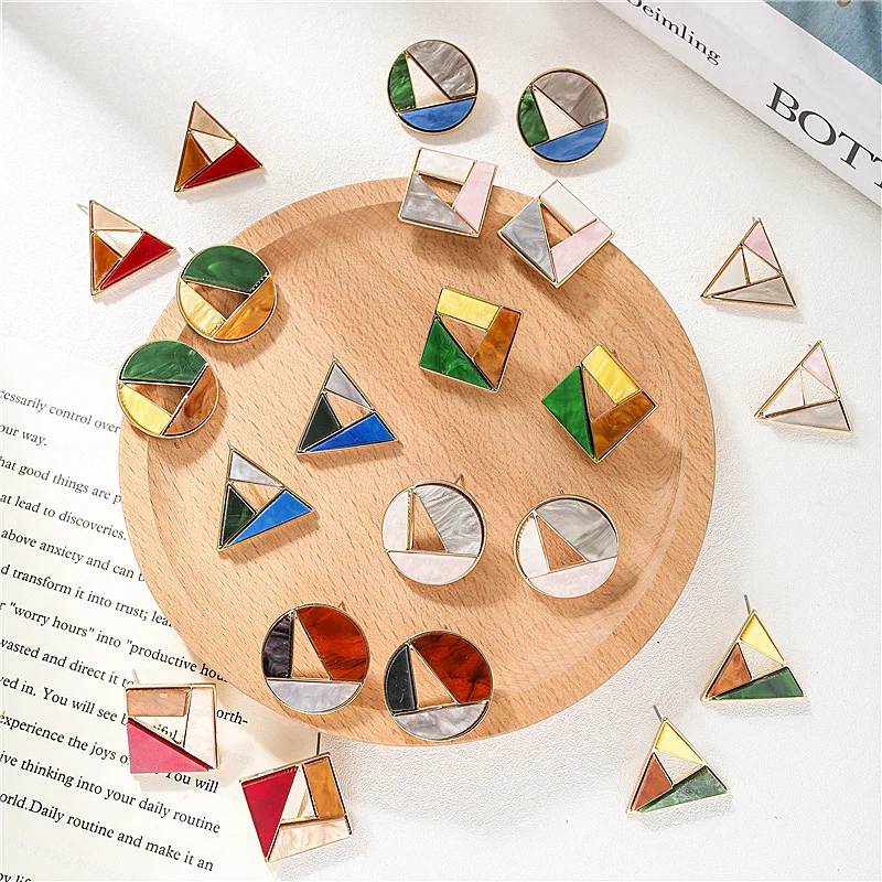

2021 New Trendy Geometric Mixed Color Square Triangle Round Shaped Stud Earrings, Picture shows/custom color