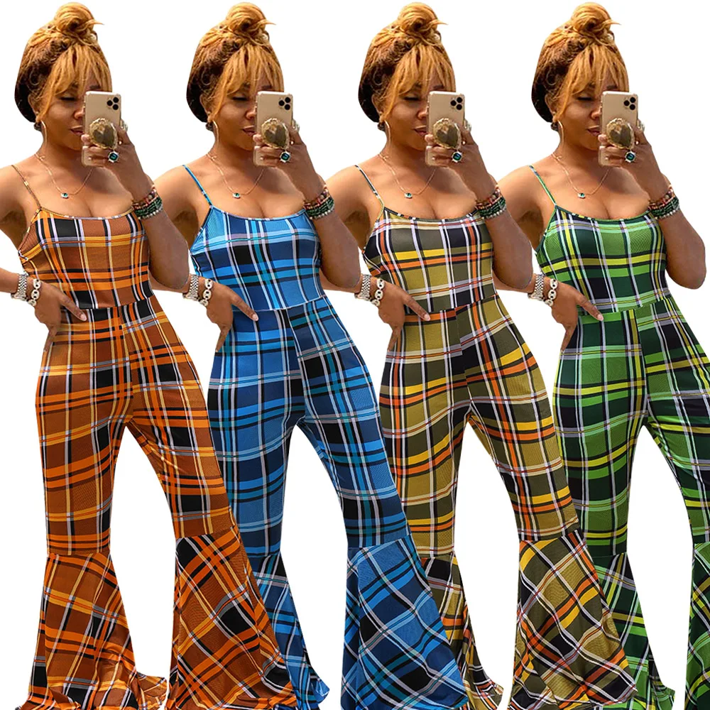

FM-H6368 drop shipping 2020 fashion plaid slip jumpsuit women sexy, As pictures