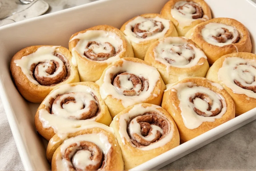 Freshly baked no yeast cinnamon rolls with cream cheese icing drizzled on top