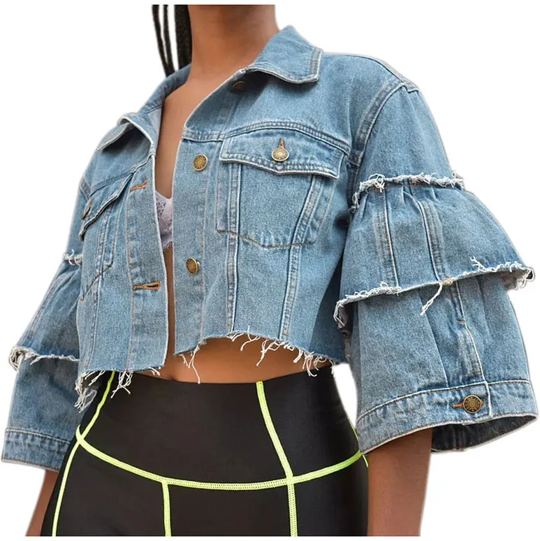 

91210-SW30 2019 ruffles sleeve ripped denim short jackets sehe fashion, Pic color