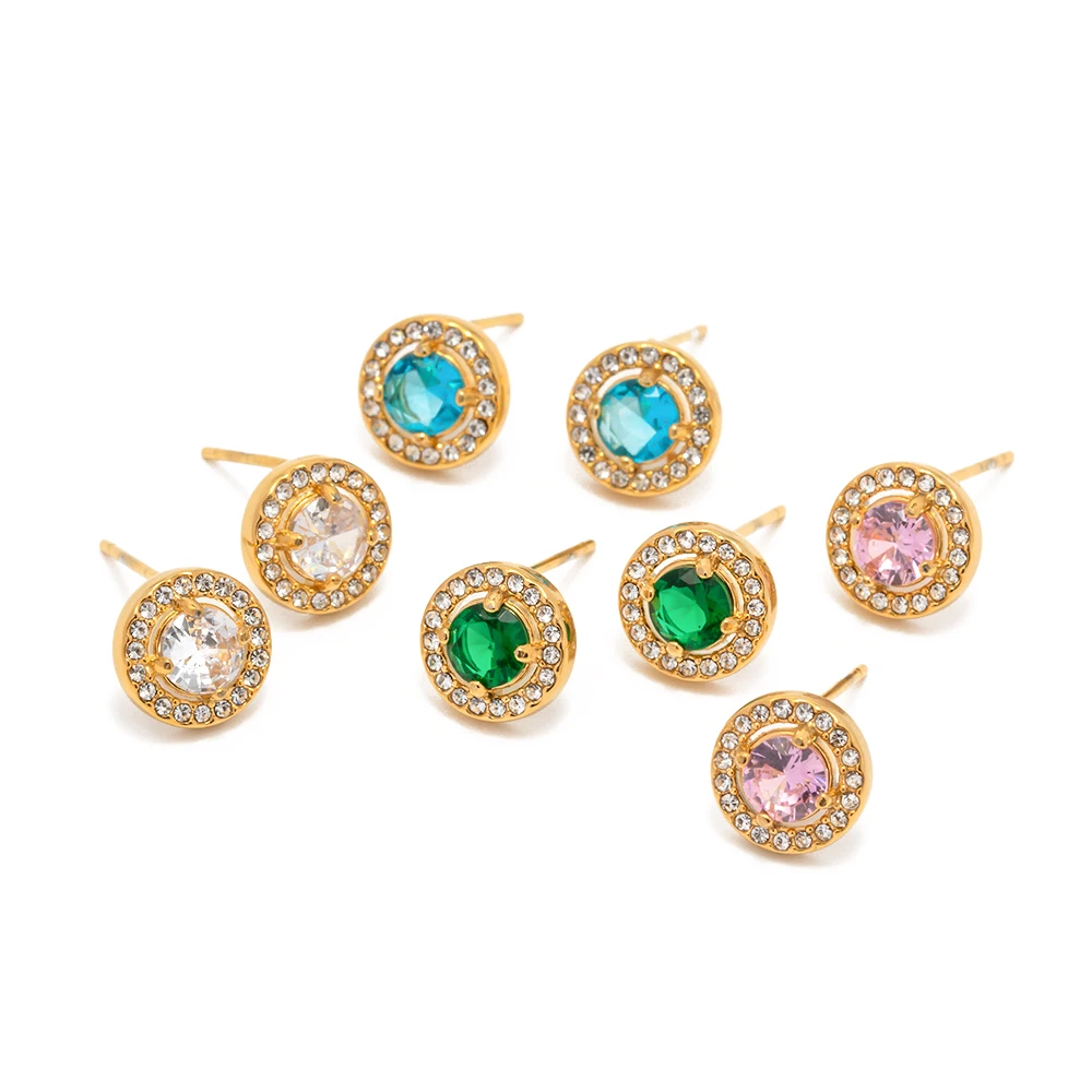 

New Arrival 18K Gold Plated Stainless Steel Round Zircon Stone stud earring for girls women