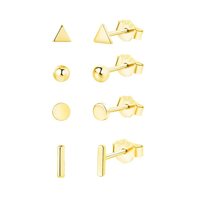 925 sterling silver earring set mini geometric Triangle Round Beanie Bar Shape gold plated stud earrings for women