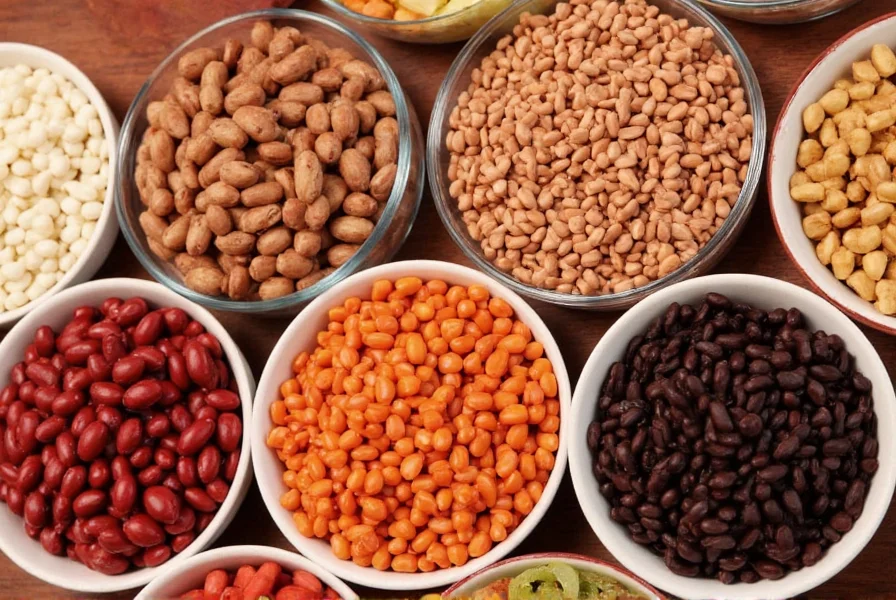 Various types of beans commonly used in chili recipes including kidney beans, pinto beans, and black beans arranged in bowls