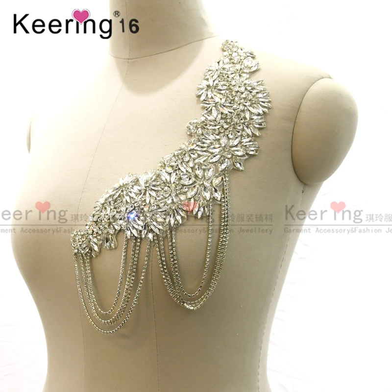 

Fashion Shiny Clear Shiny Glass Neck Design With rhinestone chain Jeweled crystal Shoulder bling applique, As picture