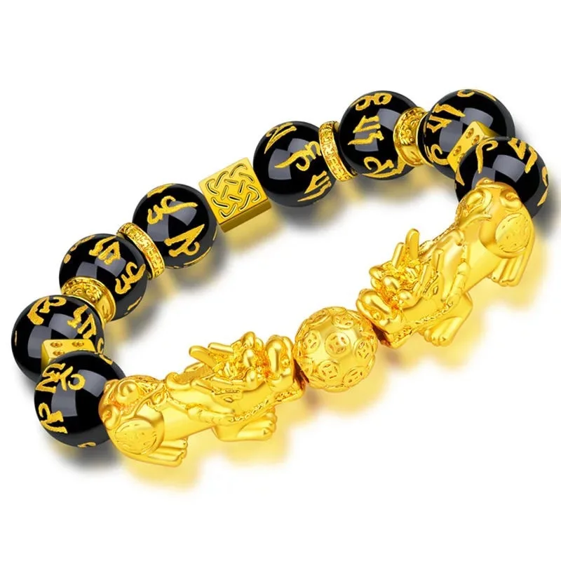 

2022 Fashion Jewelry Sand Gold Pixiu Gold Obsidian Six Character Mantra Buddha Bead Bracelet