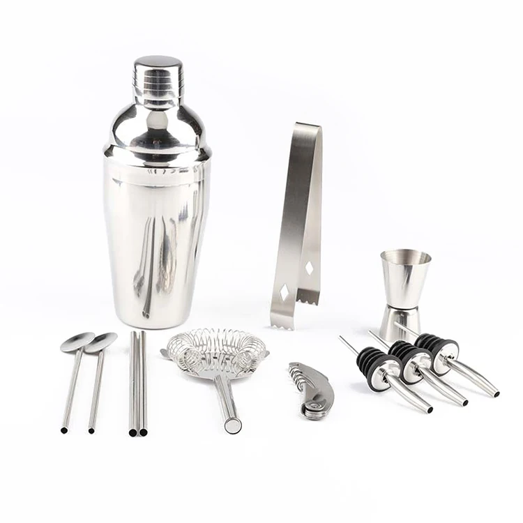 

Hot Sale Ice Bucket Boston Shaker 250ml/350ml/550ml/750ml 12-pieces Kit Stainless Steel Cocktail Set