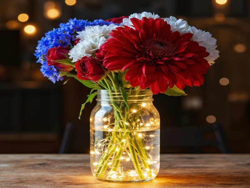 Mason jar filled with red white blue flowers and fairy lights for Fourth of July