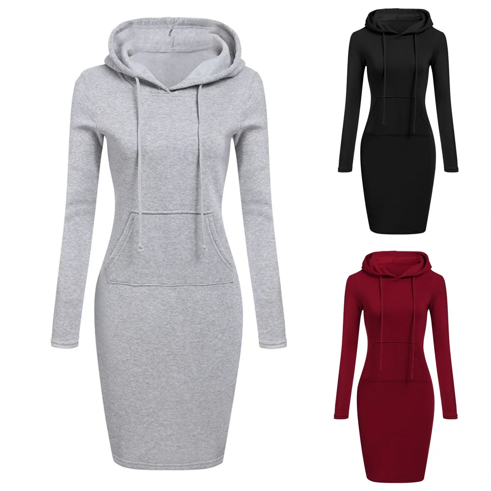 

Women Autumn Winter Fashion Dress Ladies Long Sleeve Hooded Sweatshirt Dress, 8 colors