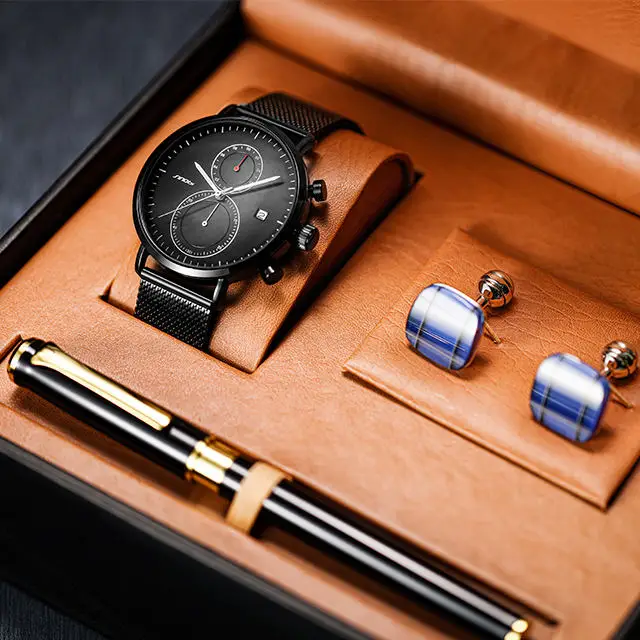 

Wholesale Exquisite Quality Birthday Father and Business Gift Set With Box Cufflinks Fountain Pen Suit Quartz mens watch sets