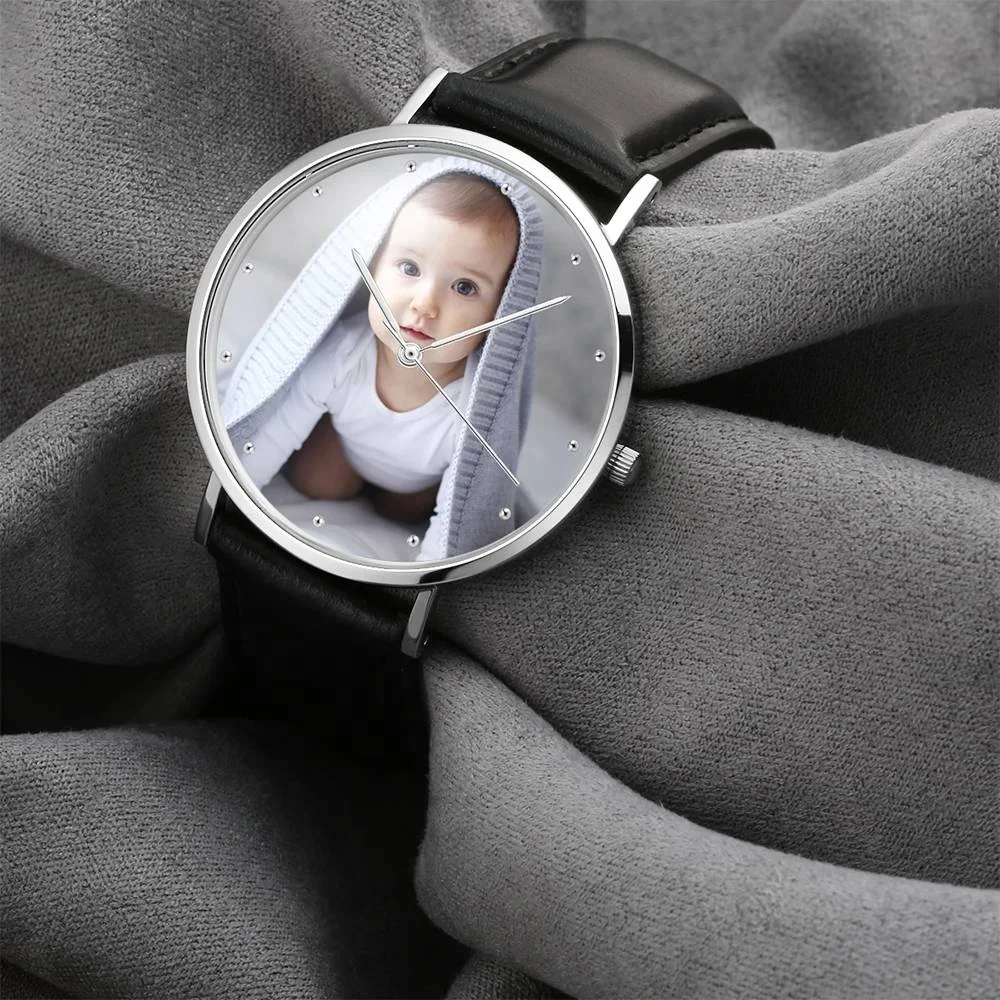 

36mm Personalised Women's Engraved Photo Watch Black Leather Strap Custom Ladies Watch reloj de mujer
