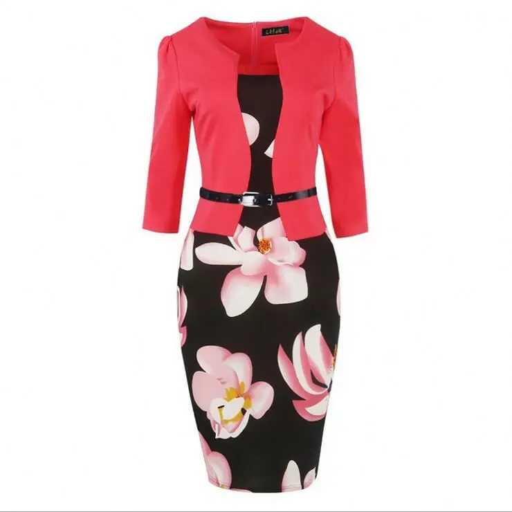 

Two Piece Belt Office Dress Patchwork Floral Print Elegant Business Party Formal Bodycon Pencil Work Dresses A312, Can follow customers' requirements