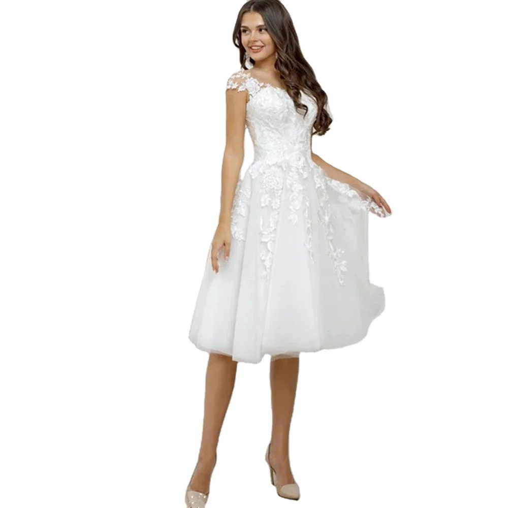 

2022 White Capped Sleeve Boho Illusion Back Bridal Dress Princess Short Lace Appliques Wedding Dresses For Women