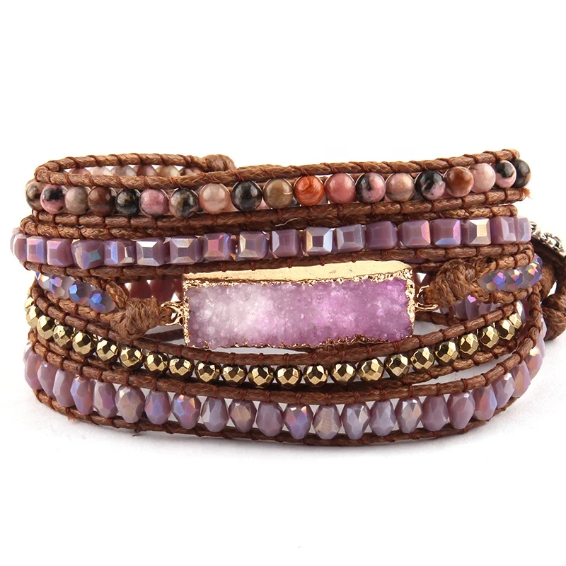

Fashion Magnetic Beaded Handmade Bracelet Amythst Natural Stones Square Crystal Purple Druzy Charm 5 Strands Wrap Bracelets