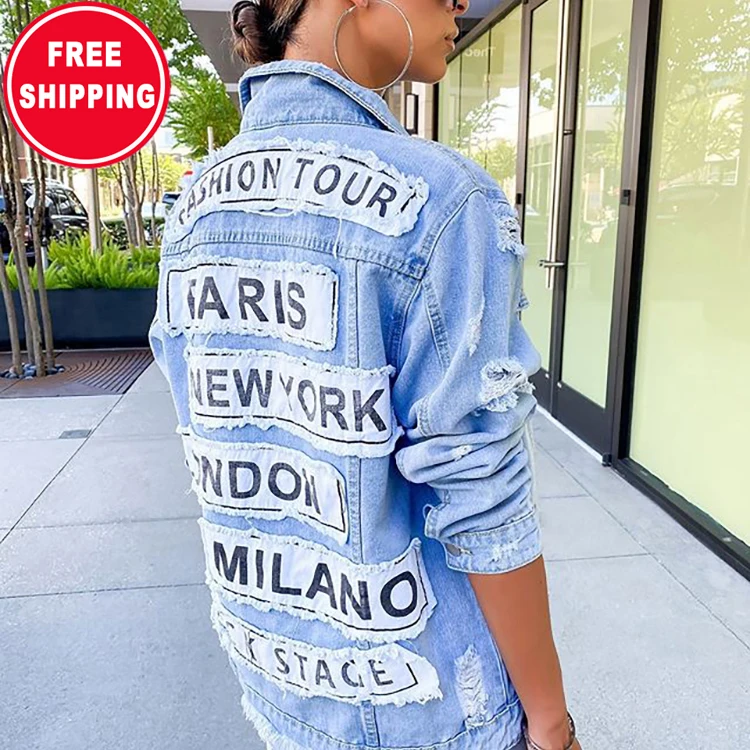 

New fashion letter printing loose denim jacket women mid length wholesale FREE SHIPPING