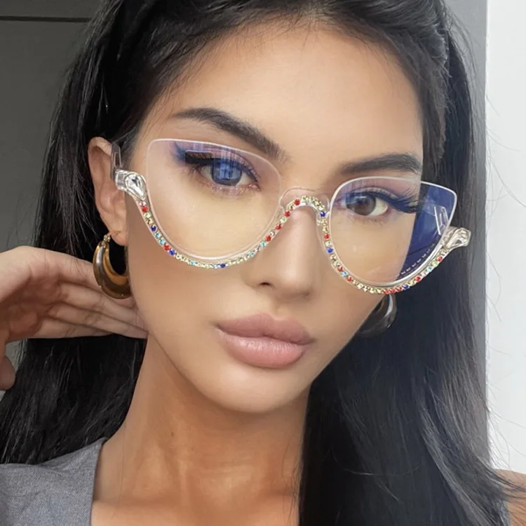 

5357 Luxury Anti-blue light Glasses half frame diamond eyewear optical frame 2022 new transparent eyewear with clear lenses