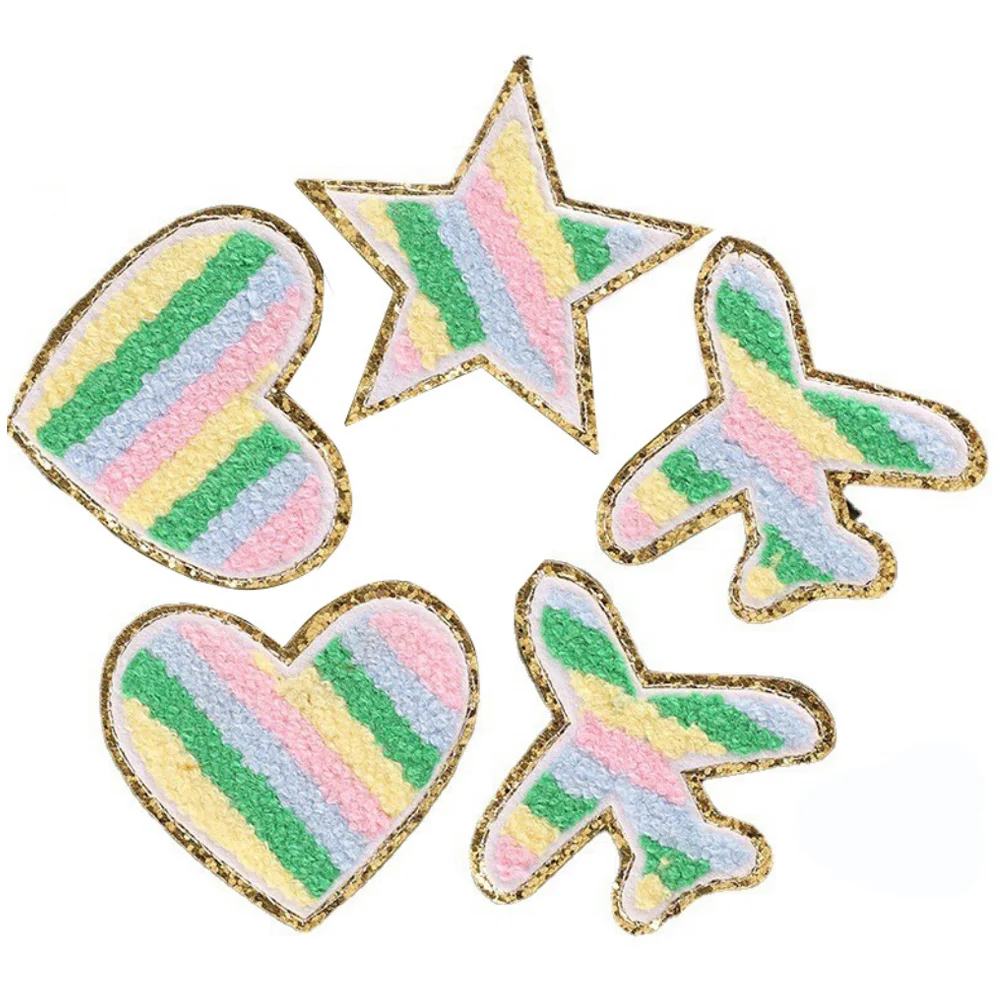 hot sale new custom made stripe star heart airplane design iron on glitter chenille clothing patches