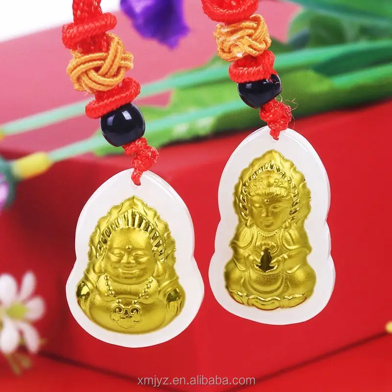 

Gold Inlaid With Guanyin Buddha Pendant Hetian Jade Pure Necklace For Men And Women Jade Inlaid Pendant Laughing Buddha Ornament