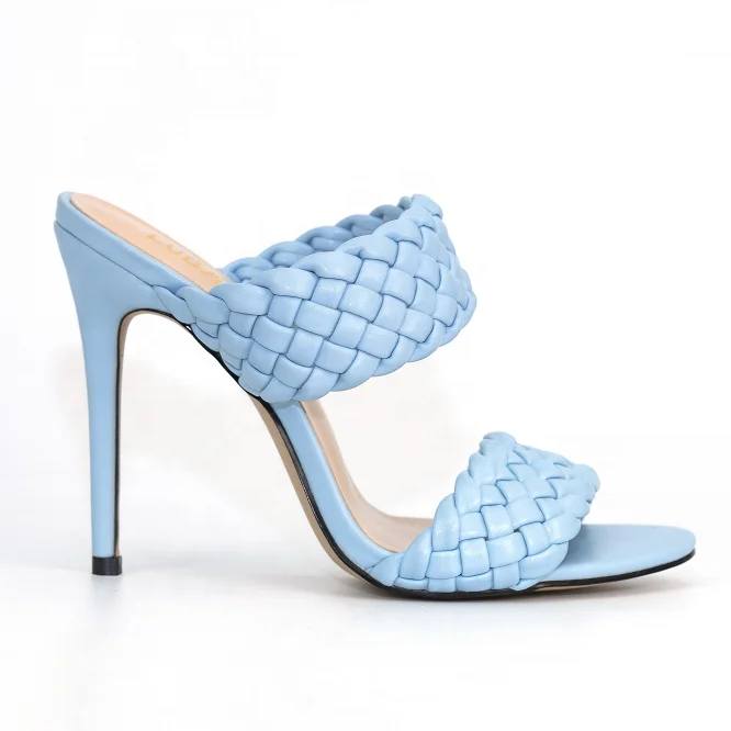 

New fashion OEM/ODM PU weave sandals comfortable ladies high heel shoe RTS thin heel mule