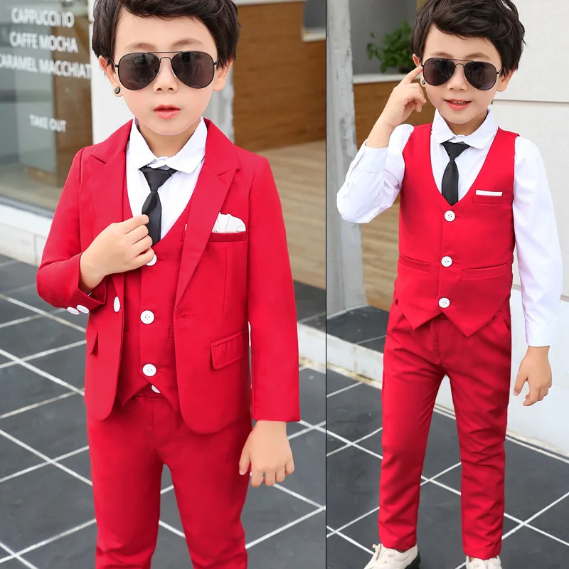 

Spring Autumn Formal Boys Suit Set Children Party Host Wedding Costume Little Kids-Blazer Vest Pants Clothing Sets