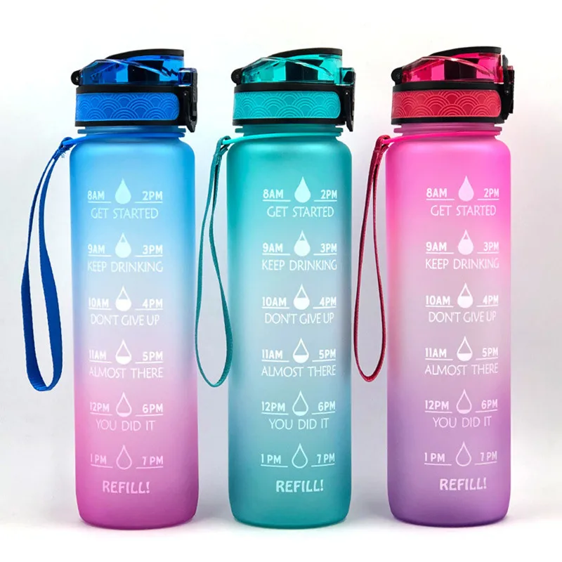

Frosted Gradient Bouncing Cup Plastic Sports Outdoor Water Bottle With Time Scale Reminder Gym Plastic Drinking Bottles, As picture