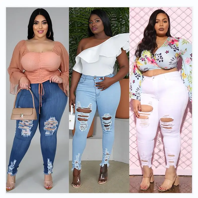 

New fashion style in stock wholesale plus size denim jeans for fat women ripped jeans women, Picture color