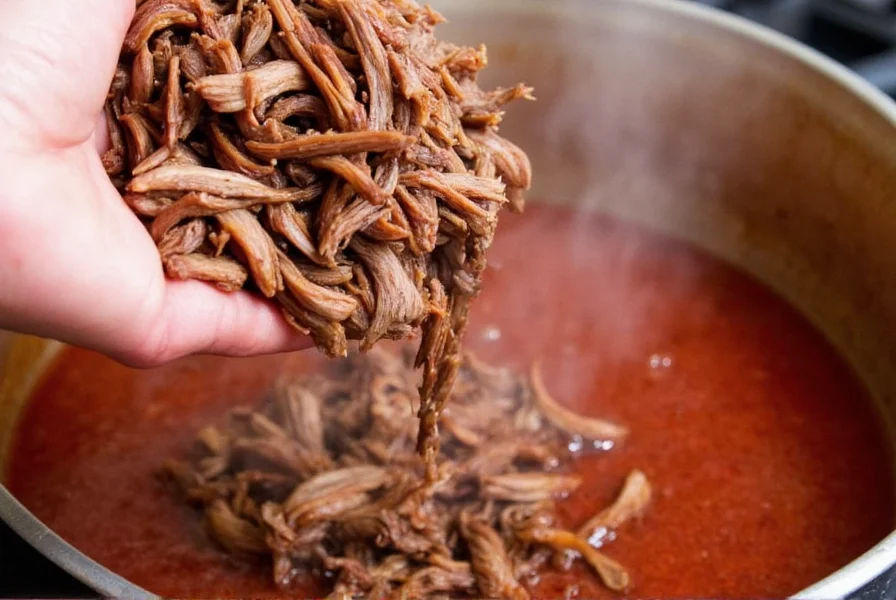 Shredded smoked brisket being added to simmering chili pot with visible steam and rich red broth
