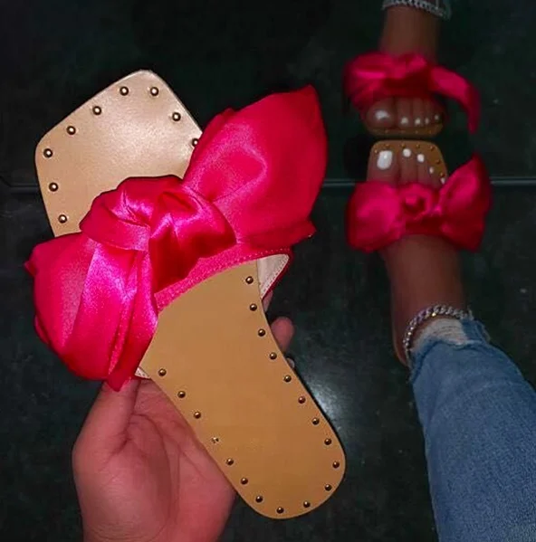 

2021 Best Selling Neon Color Women Shoes Rivet Hot Red Pink Bow Slik Flip-Flop Flat Spike Bowknot Ladies Big Sandals Slippers, Black ,pink ,white ,red