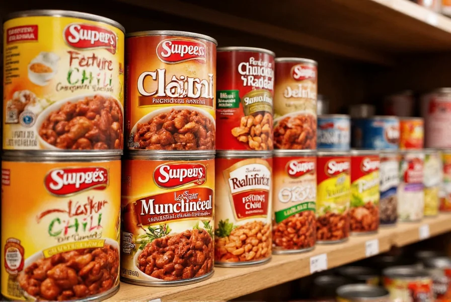 Close-up of various canned chili brands arranged on pantry shelf with nutritional labels visible