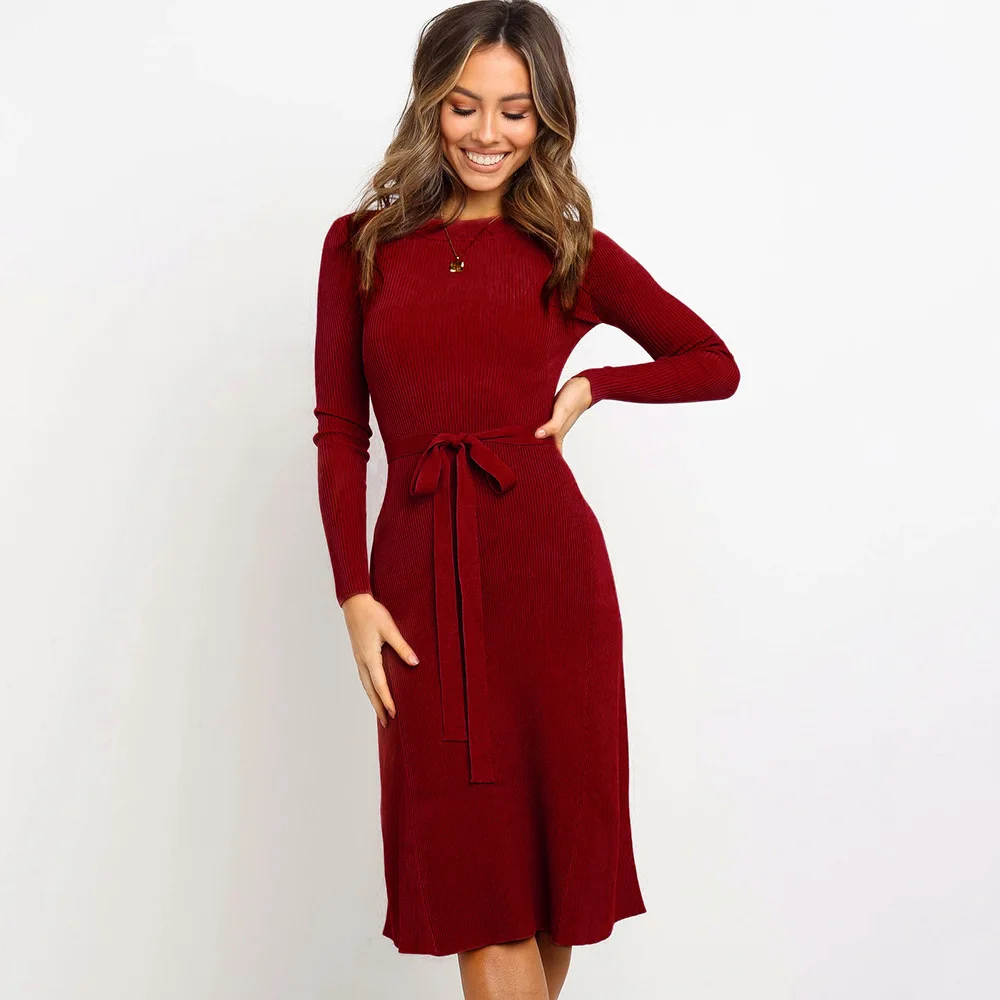 

Women Fall Winter Solid Long Sleeve Knit Tight Dress with Belt, Khaki, wine red, black