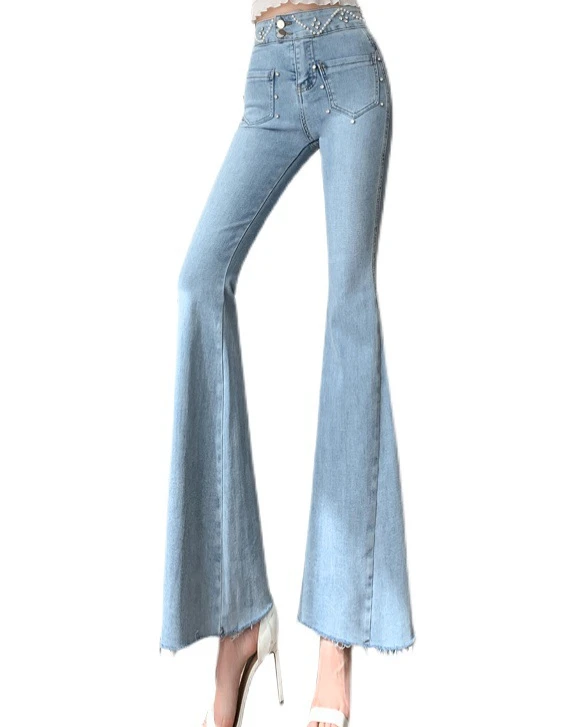 

2021 early spring new light blue heavy diamond denim flared pants slim high waist jeans women