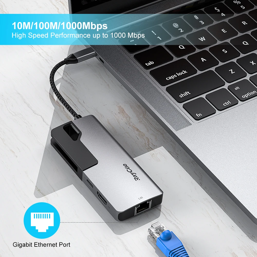 
Raycue OEM/ODM 6 in 1 USB Type C Hub with PD Charging 4K HD-Ml RJ45 Adapter 