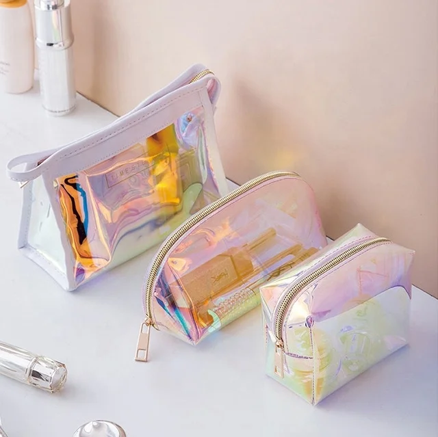 

2021 New Fashion low MOQ Custom Print Logo Traveling Holographic Cosmetic Bag Clear TPU or Pvc Zipper Makeup Bag Organizer