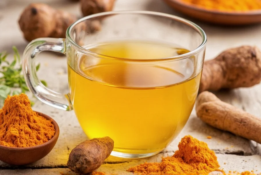 Turmeric tea ingredients including fresh turmeric root, ginger, black pepper, and lemon