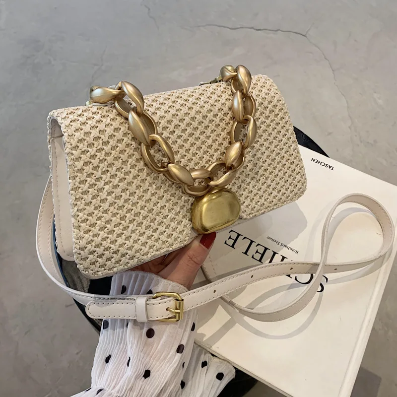 

2021 New Design Chain Woven Handbag And Purse Women Small Straw Messenger Bag Fashion Metal Buckle Mini Square Hand Bag