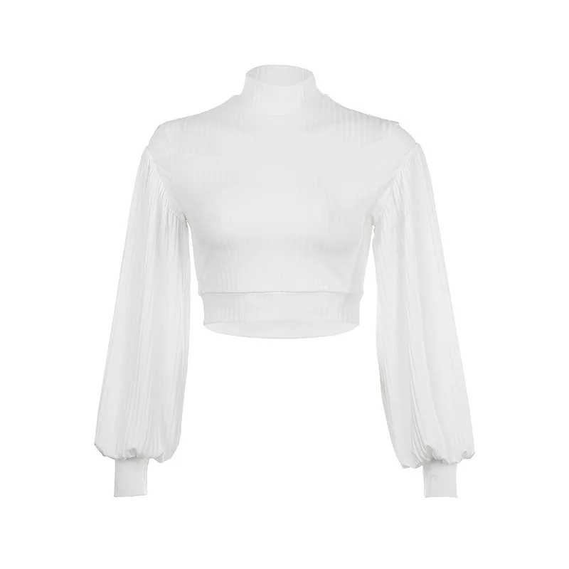 

2020 New Arrivals Ribbed-Knit puff sleeve Long Sleeve T-shirt short womens sweaters