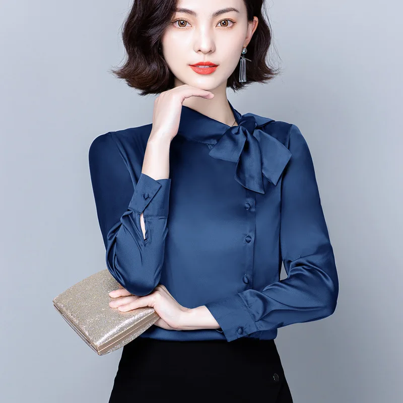 

2021 Korean Silk Women Blouses Long Sleeve Shirts Elegant Bow Satin Shirt Tops Plus Size