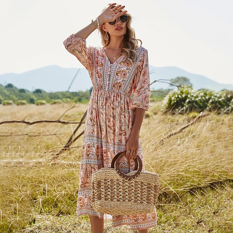 

2021 Spring New Summer Dresses Ladies High Waist Bohemian Mid-length A-line Dress Women Beach Holiday Dress, Blue pink