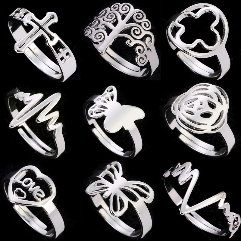 

Cutting laser crystal design open steel styles various stainless ring silver plated jewelry