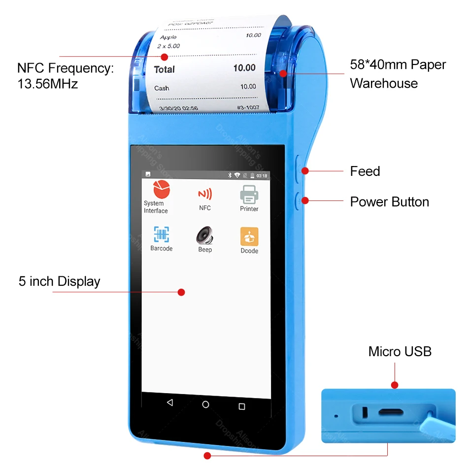 

5 INCH Handheld Android 8.1 OS Pos Terminal PDA with Thermal Printer 58mm