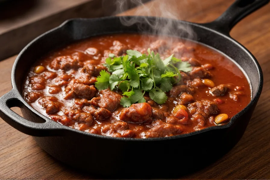Texas-style beef chili in cast iron pot with dark rich color, fresh cilantro garnish, and steam rising