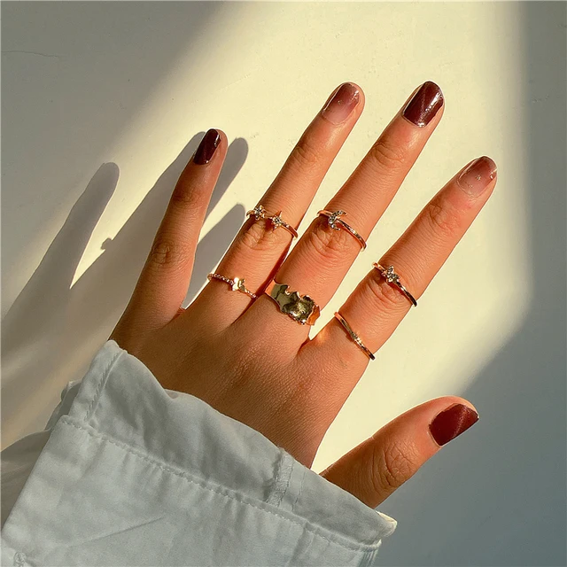 

Finetoo Punk Gold Wide Chain Rings Set Fashion Irregular Finger Thin Rings Gift Female Jewelry Party