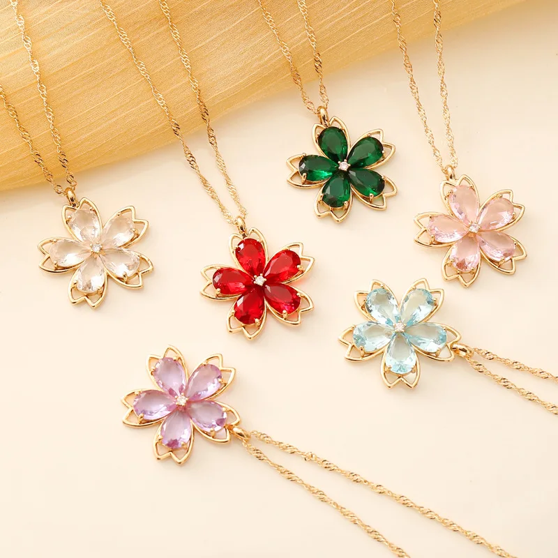 

Carline wholesale brass plated 18k gold 6 color crystal zircon flower pendant necklace jewelry personalised for women gift