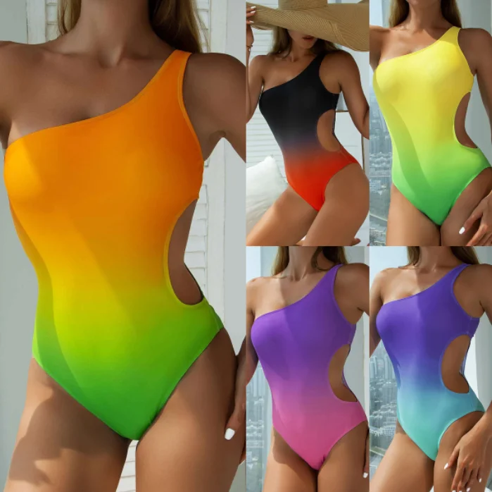 

2022 One Piece Solid Color Swimsuit Women's Triangle One Piece Tie Dye Gradient One-shoulder Hollow Wholesale Bikini