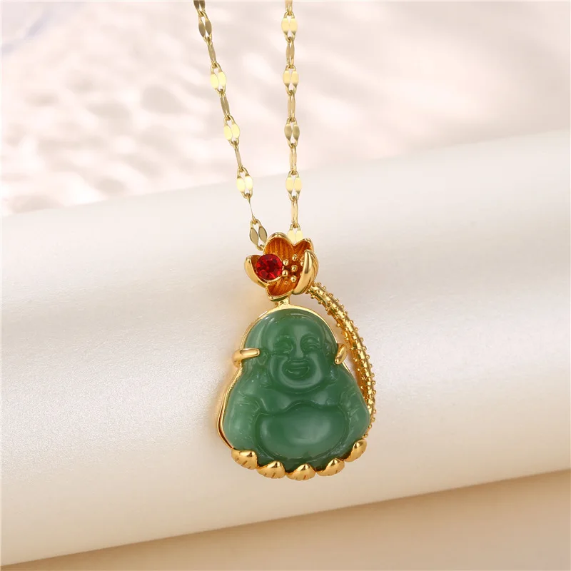

Religious Green Jade Buddha Pendant Necklace Adjustable 18k Gold Plated Stainless Steel Lip Chain Laughing Buddha Jade Necklace, As pic show