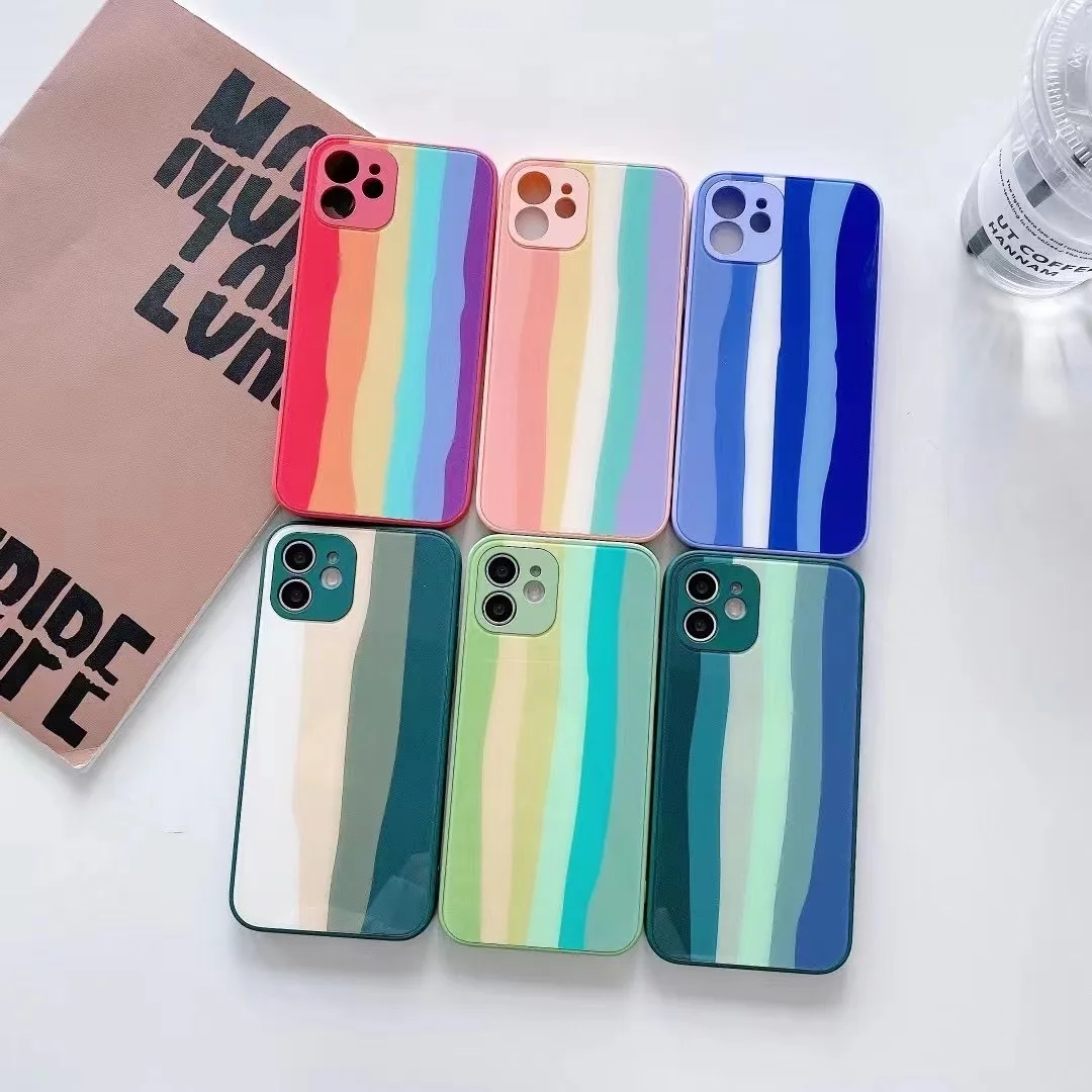 

Fashion Rubik's Cube Rainbow Stripe Liquid Glass Mobile Phone Protection Hard Case for iPhone11 with camera protection for 12pro