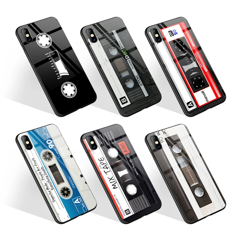 

Custom Print Classic Magnetic Tape Cassette Glass Phone Case for iPhone 12 XR 7 8 11 Cover for Redmi Note 9Pro Coque, Black