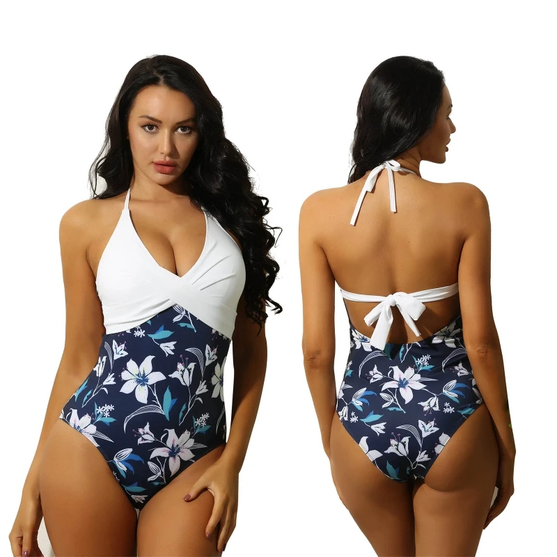 

Wholesale Swimwear Monokini 2021 One Piece Floral Print Swimsuits Women Front Cross Halter Bathing Suit Bikini