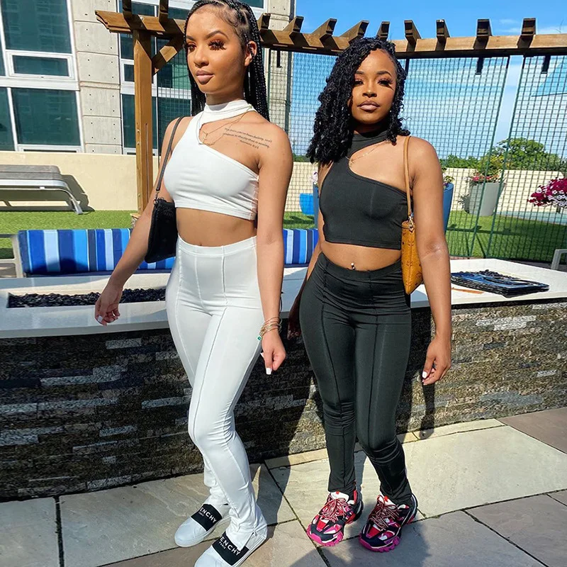 

2020 fall new halter crop top and pants set women clothing zipper split pants fashion women two piece set, 2 colors