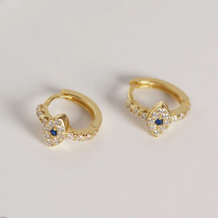 

wholesale dainty gold plated 925 sterling silver luxury diamond blue evil eye hoop earrings for women